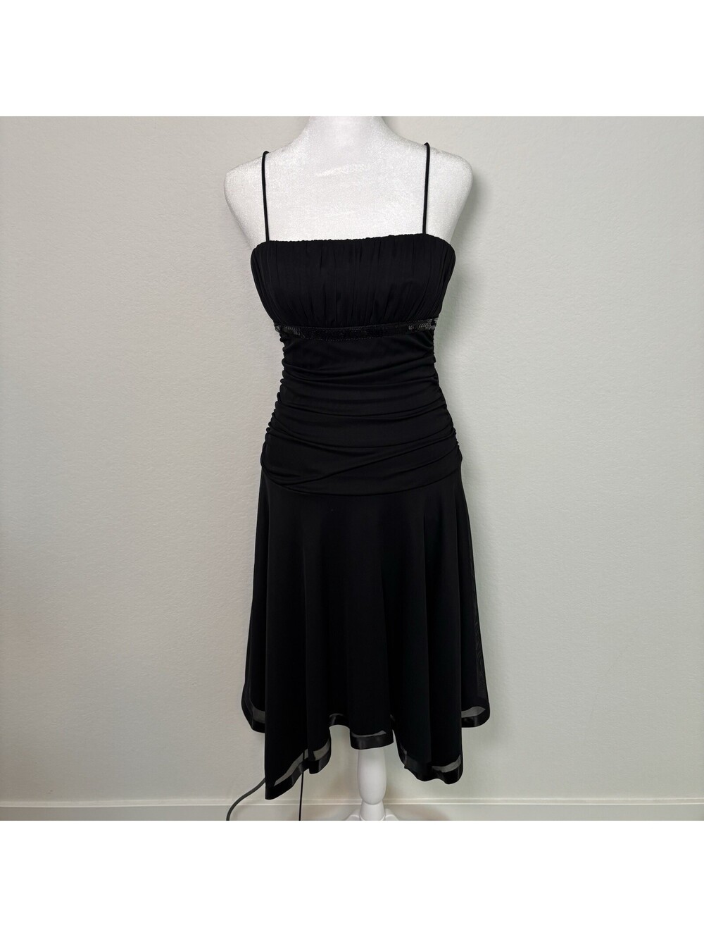 VTG Y2K City Triangles Black Asymmetrical Ruched Midi Dress Size M Whimsy Goth - Picture 1 of 7